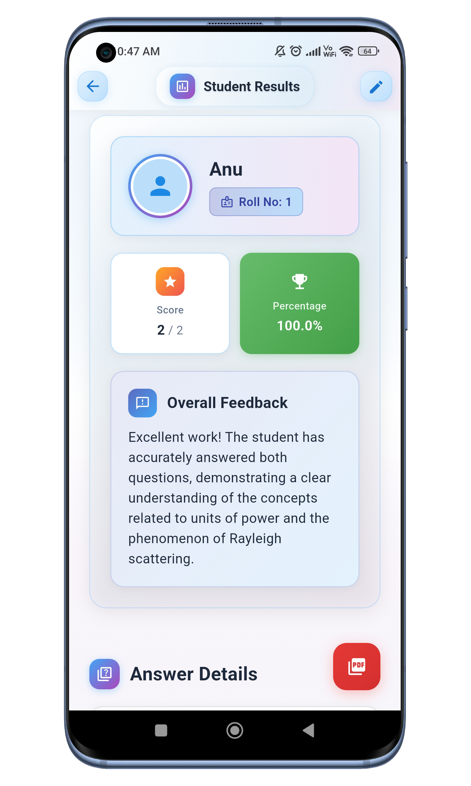 RedInk Student Results Screen